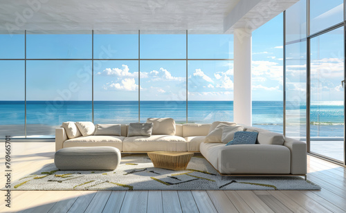 Coastal interior design of living room a modern room with sleek furniture, a beige sofa set, and a patterned rug