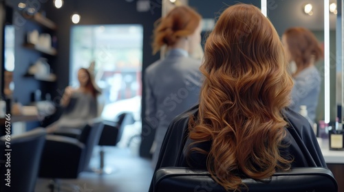 Back view of a woman with styled hair sitting in a beauty salon, reflecting on the experience.