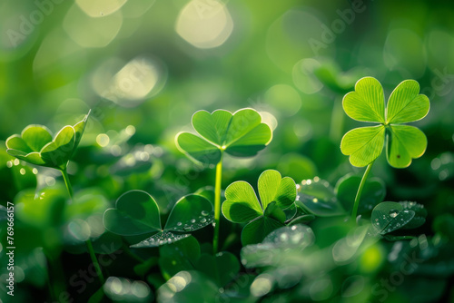 Fresh three-leaved shamrocks on a natural green background. Symbol of St. Patrick   s day