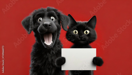 White blank mockup. Surprised puppy black dog and black cat standing and holding white paper. Black Friday sale concept. Red background. Copy space. illustration.