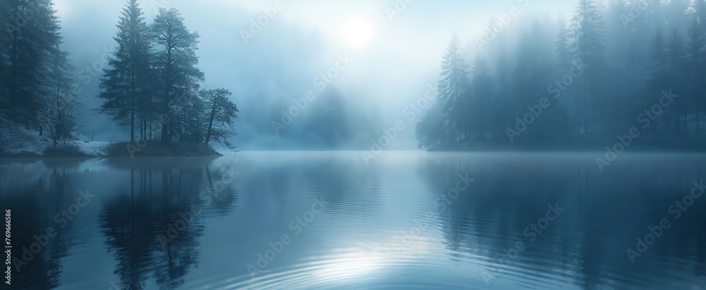 beautiful nature scenery background of calm peaceful lake at morning with fog drifting over water, coniferous forest natural park, Generative Ai