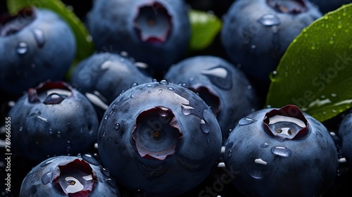 Closeup of ripe blueberries with water drops and leaves on dark table. Summer fruits blueberry background. Food photography. photo