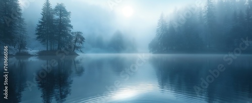 beautiful nature scenery background of calm peaceful lake at morning with fog drifting over water, coniferous forest natural park, Generative Ai