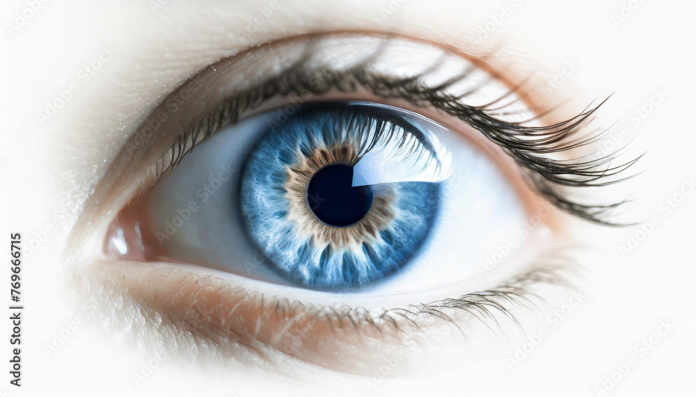 Human blue eye with button inside. Eye vision concept. Abstract image, isolated on white background. Human blue eye with button inside. Eye vision concept. Abstract image, isolated on white background.