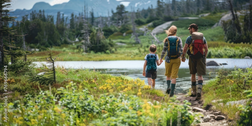 A family hiking in a pristine wilderness area. 