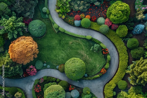 A mesmerizing aerial view captures a winding road cutting through a lush forest, with tall trees creating a magical canopy