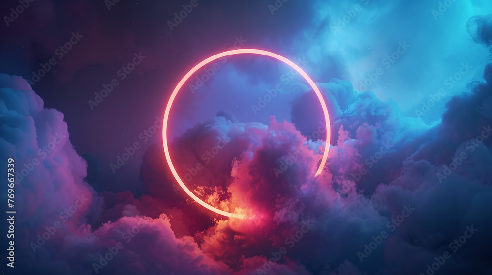 Surreal neon circle glowing in the center of colorful, ethereal clouds, creating a dreamy and futuristic atmosphere.
