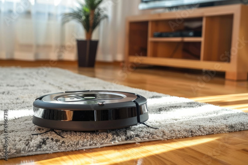 Robot vacuum cleaner operating on laminate wood and carpet