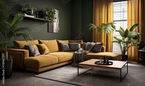 A minimalistic living room with a corner sofa with thin metal legs