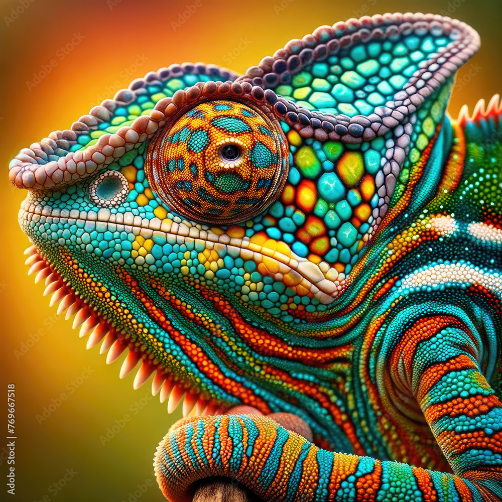 A colorful chameleon with a bright green and yellow face. The colors are vibrant and the pattern is intricate A colorful chameleon with a bright green and yellow face. The colors are vibrant and the pattern is intricate