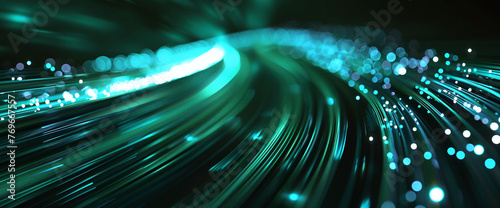 An abstract stream of turquoise light races forward, simulating velocity and motion, as it blurs into a bokeh of sparkling particles against a dark backdrop
