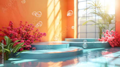 A lively display featuring bright pink flowers and transparent bubbles on blue platforms, illuminated by natural sunlight photo