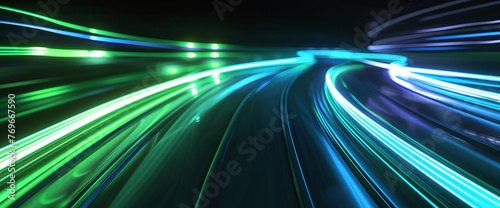 Abstract cybernetic stream of neon green and blue lights flowing fast on a virtual highway, simulating high-speed data transmission.
