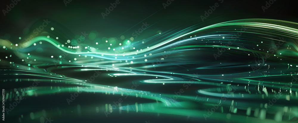 Ethereal waves in shades of green with sparkling light particles create a serene and otherworldly atmosphere in this abstract image
