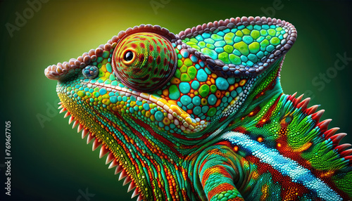 A colorful chameleon with a green and blue head and green and blue body © Mongkol