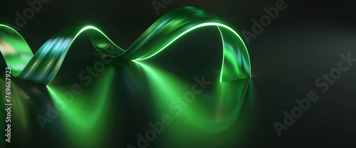 A beautifully rendered emerald green ribbon of light twists and turns, casting a soft glow on a reflective, dark glossy surface