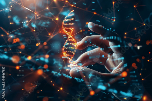 insightful photo of the integration of DNA medical technology with futuristic concepts, suggesting a future where healthcare is driven by data and innovation,