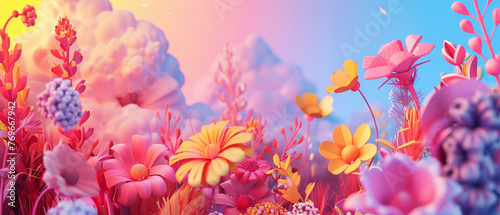 Vibrant and colorful floral landscape with a variety of blooming flowers in a dreamy setting. © pprothien