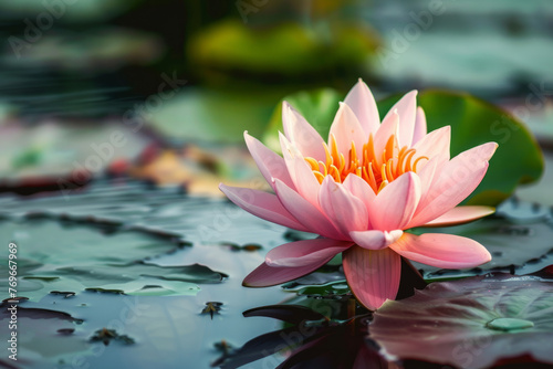 A pink lotus blooming in a lake