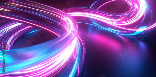 A mesmerizing visual of swirling ribbons of neon light, showcasing movement in vivid pink and blue. 