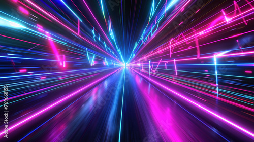 An intense and colorful depiction of a neon speed light vortex, creating a visual sensation of warp speed with pink and blue hues. 