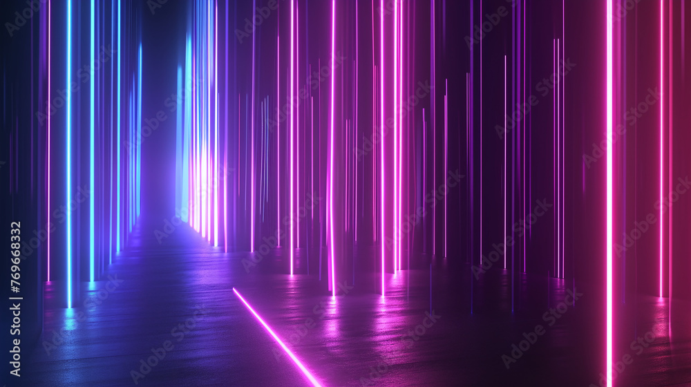 A surreal corridor bathed in vertical neon lights, casting a glow in shades of blue and pink on reflective flooring, evoking a futuristic atmosphere - obrazy, fototapety, plakaty 