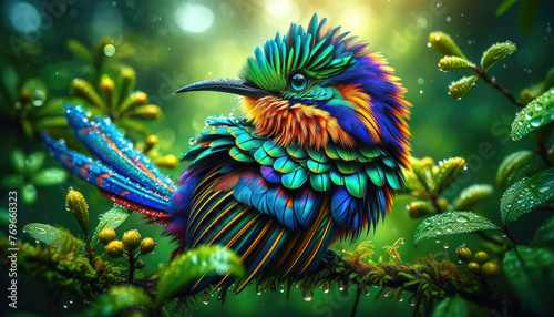 A colorful bird with a long tail is perched on a branch. The bird is surrounded by lush green foliage and he is enjoying the rain. Concept of tranquility and beauty in nature