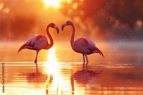Flamingos in Love at Sunset on a Golden Lake photo