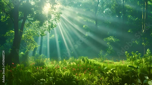 Tranquil animation: Forest brimming with greenery illuminated by warm light photo