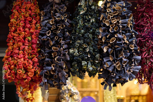 The dried marzipans hang in the shop photo