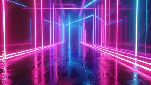 A corridor bathed in neon light, with pink and blue lines creating a vivid pathway that draws the viewer into a virtual, infinite space