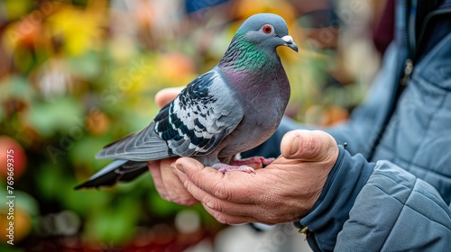 Senior man, pigeon breeder holds purebred pigeon in his hands photo