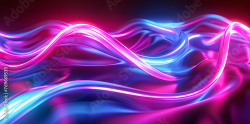 Abstract neon light waves flow in harmony, with pink and blue hues blending to create a smooth, rhythmic dance of colors