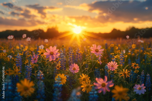 Sun Setting Over a Field of Flowers, sun Rising in the meadow © Devilal