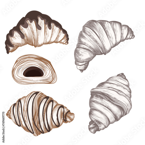Set of vector hand drawn French croissants isolated on white
