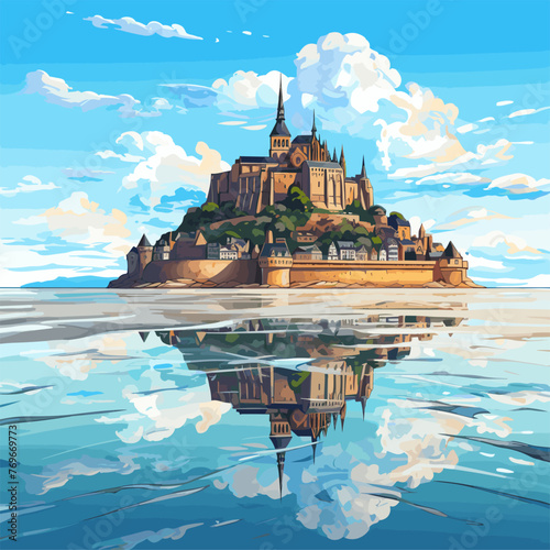 Mont Saint-Michel hand-drawn comic illustration. Mont Saint Michel. Vector doodle style cartoon illustration