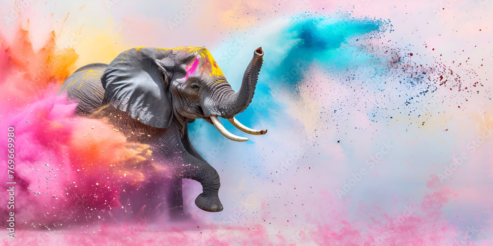 Indian elephant in Holi colors 