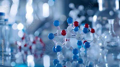 Sharp focus on a bright multi-colored molecular model with a soft focus on scientific glassware backdrop