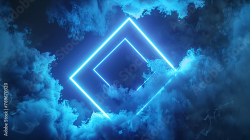A glowing neon diamond forms a gateway amidst a tumultuous cloudscape, creating a visual contrast between the serene light and the stormy sky