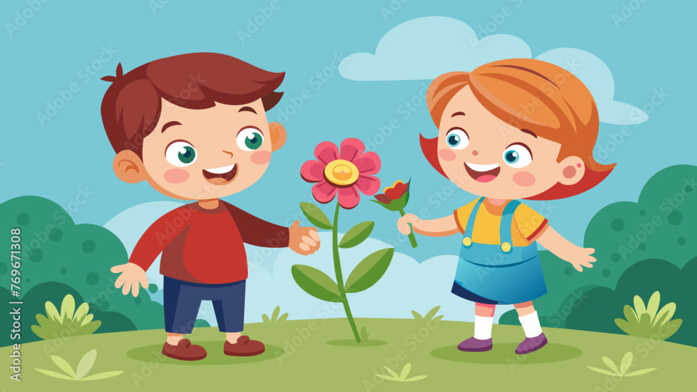 happy cute kid boy give flower to friend happy cu