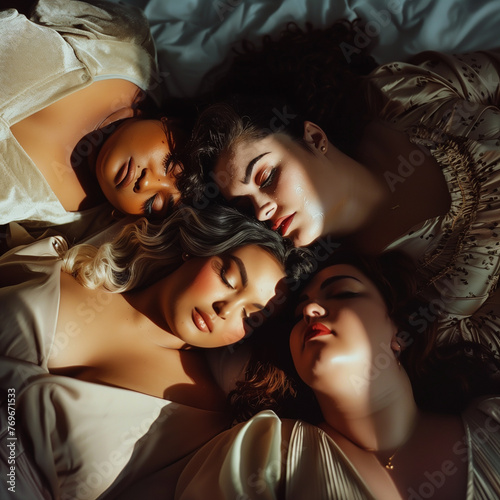 group of multi ethnic plus size girl lying on the bed. Golden hour lighting, dramatic shade