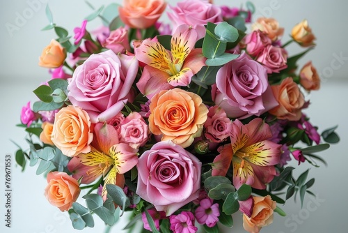A round vase brimming with a variety of fresh pink and orange flowers  creating a colorful and cheerful display