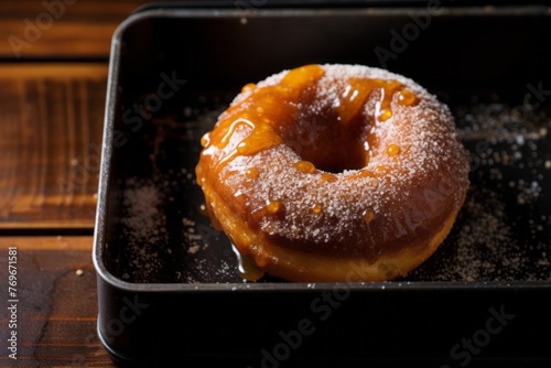 Exquisite doughnut in a bento box against a rusted iron background