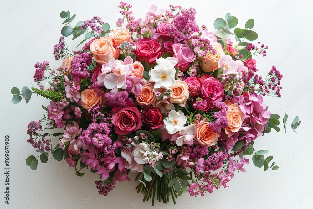 A vibrant array of flowers in various colors and shapes, delicately arranged on a table, creating a harmonious and visually captivating display A vibrant array of flowers in various colors and shapes, delicately arranged on a table, creating a harmonious and visually captivating display