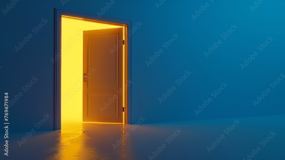 This is a 3D render of an open door with yellow light inside it, isolated on a blue background. It is a modern minimalist concept with an opportunity metaphor. This is a 3D render of an open door with yellow light inside it, isolated on a blue background. It is a modern minimalist concept with an opportunity metaphor.