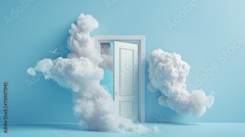 White fluffy clouds fly through, fly out of the open door, isolated objects are isolated on blue background. Abstract metaphor of a door to a haven, modern minimalism concept. Surreal dream scene.