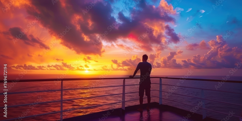 A person admiring a colorful sunset from the deck of a cruise ship. 