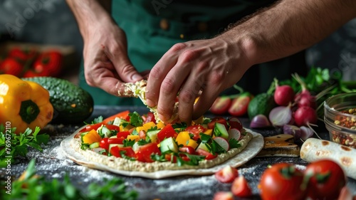 Hands preparing a vegetarian pizza with fresh ingredients on dark kitchen countertop.