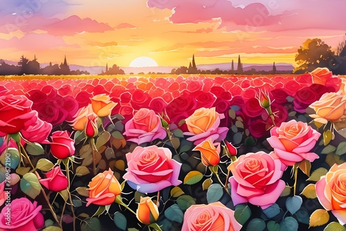 Vivid Colors Roses Field at Sunrise  JPG 300Dpi 10800x7200 