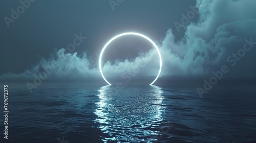 The calm sea is surrounded by a glowing neon ring and white cloud. This is a 3D render of an abstract landscape.